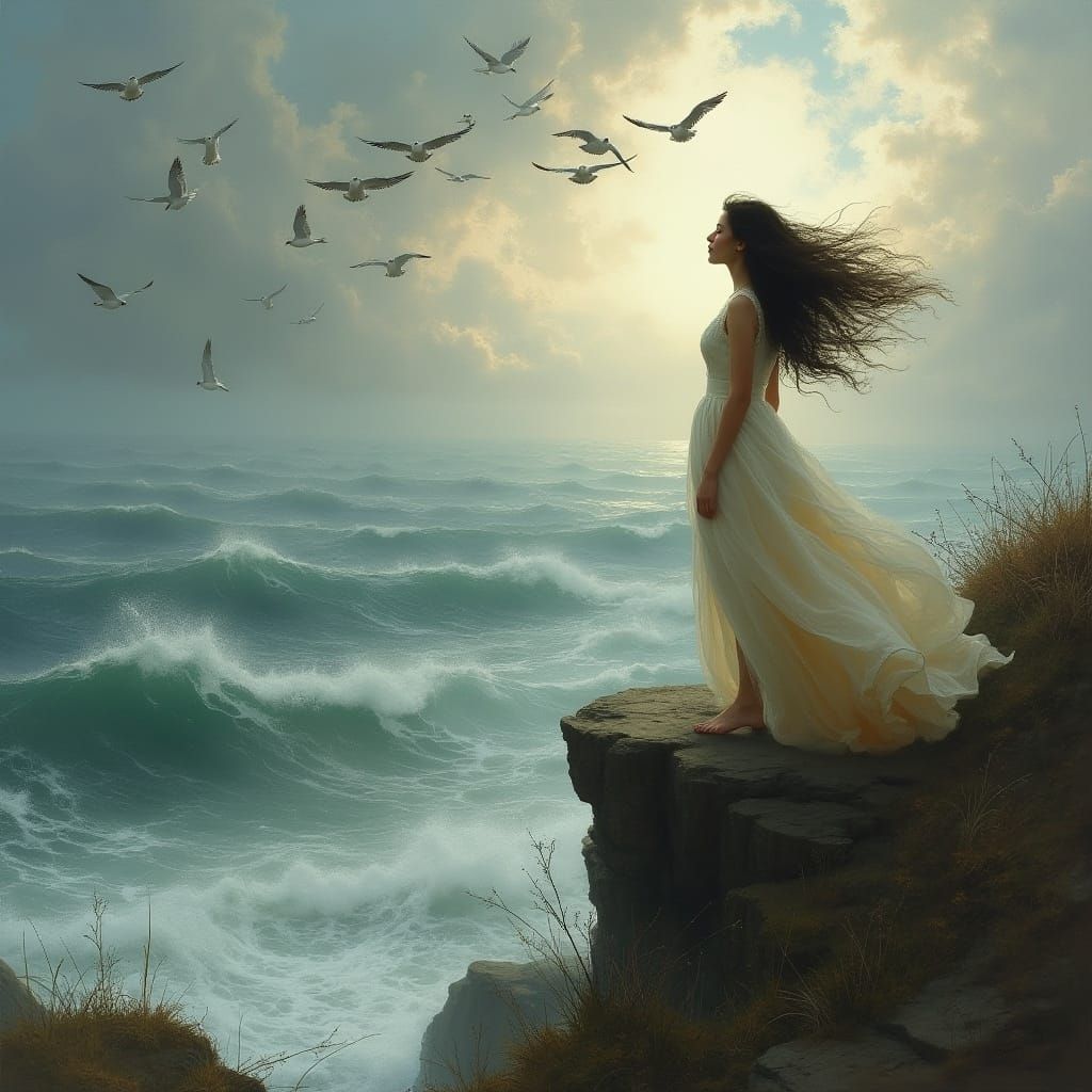 Wistful Woman Overlooking Stormy Sea in Romantic Style