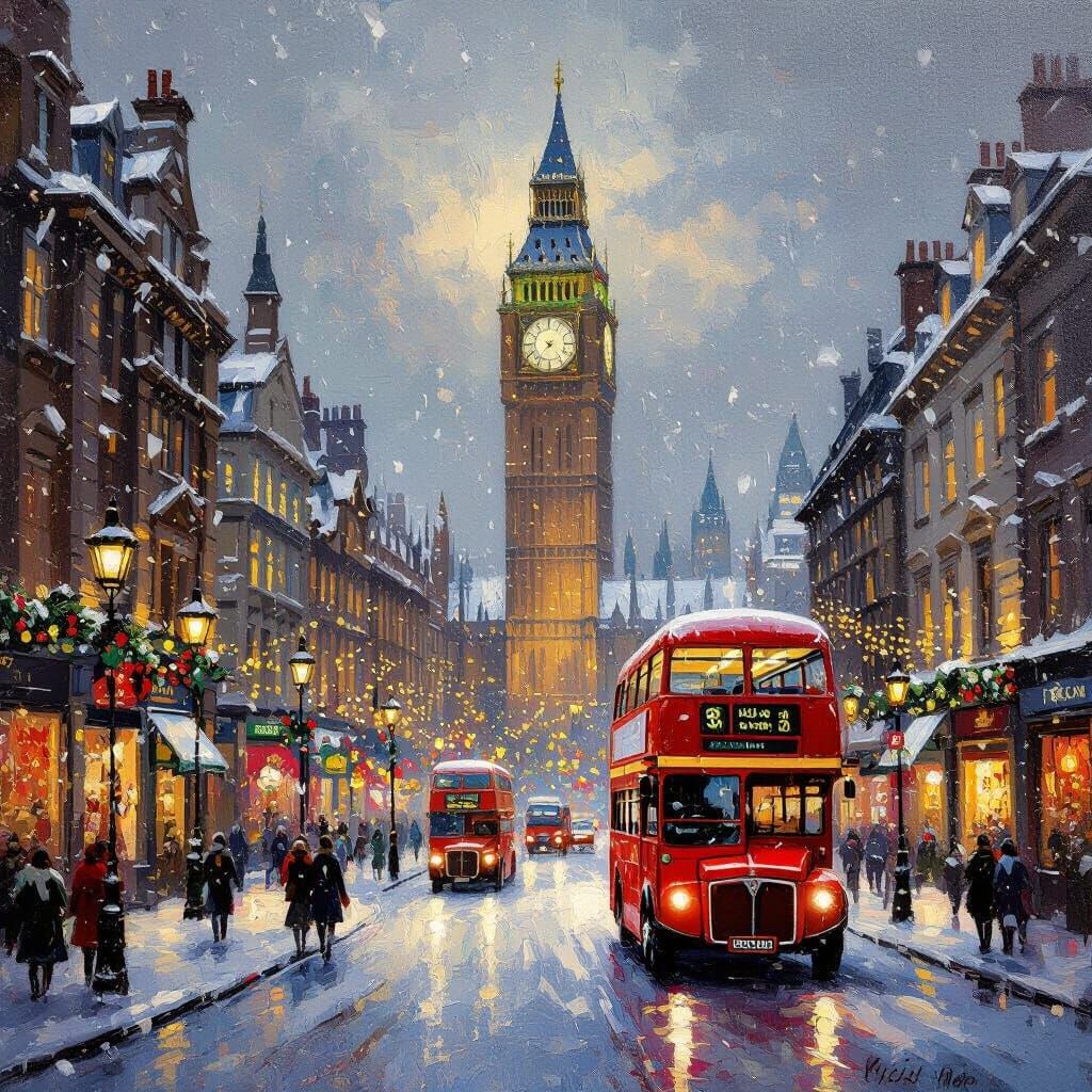 Impressionistic Oil Painting of Festive London Christmas Sce...