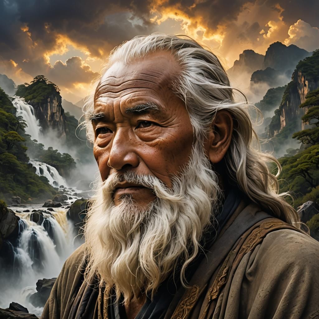 Wise Elder Face Materializes from Mountains as Impasto Paint...