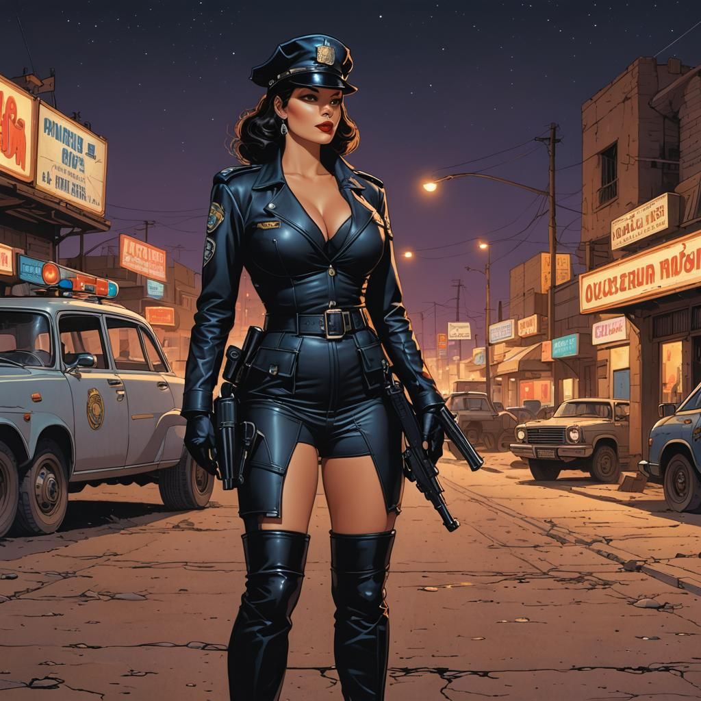Pinup Police in Desert Street: Moebius-Style Art