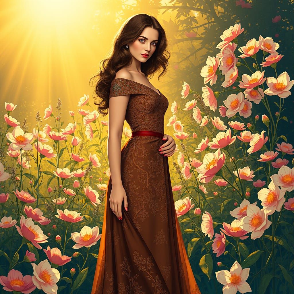 Elegant Woman Amidst Vibrant Blooms in Whimsical Art Style