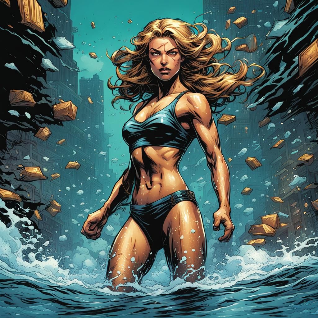Bikini Girl Swimming in Comic Book Art Style
