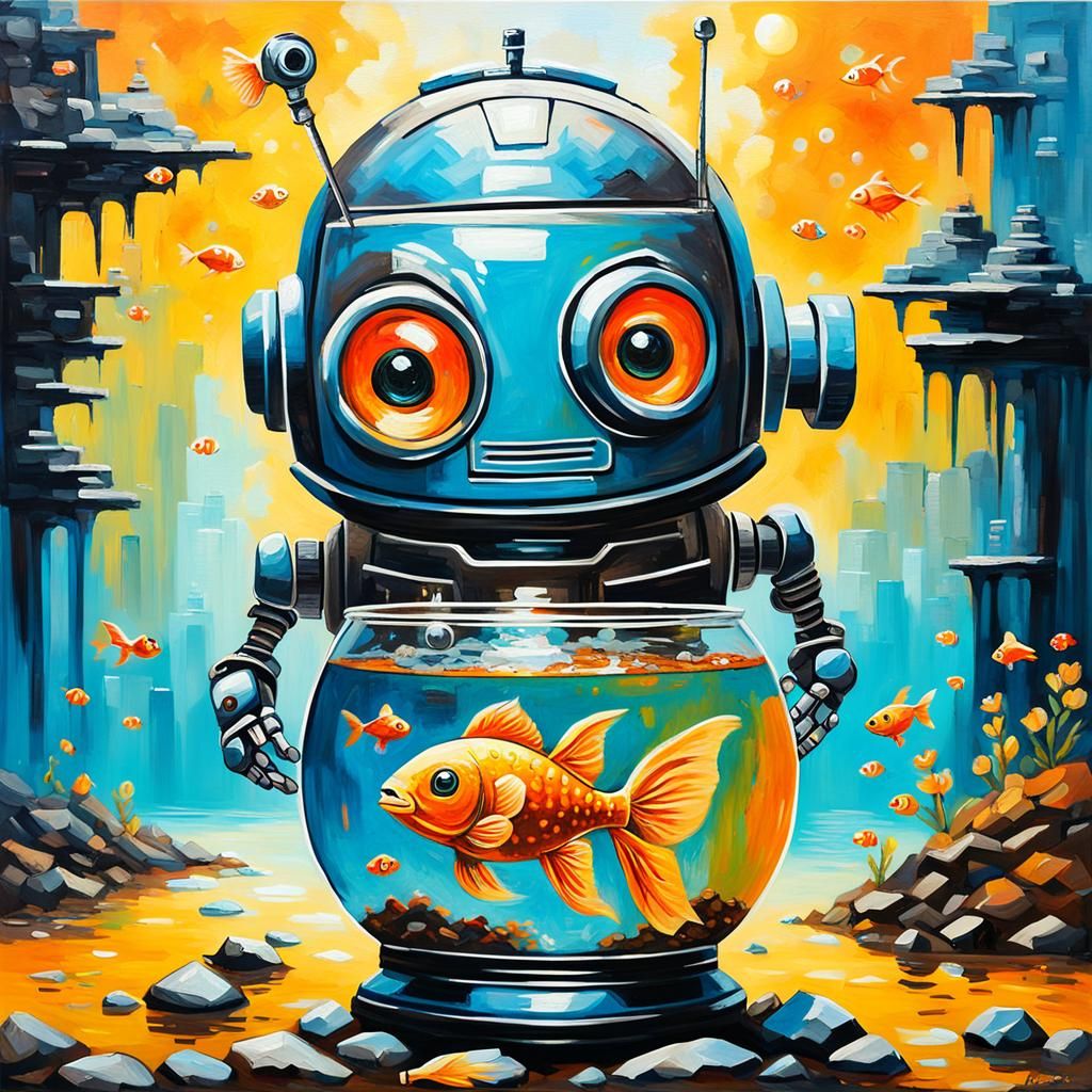 Robot with Goldfish in Steampunk Wasteland: Expressionist Oi...