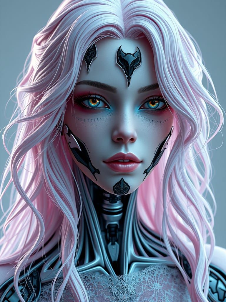 Elegant Cyberpunk Android with Porcelain Skin and Robotic Fe...