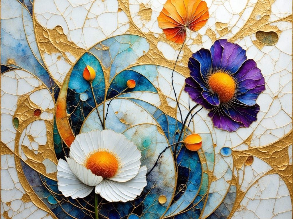 Dreamy, Whimsical Porcelain Mosaic Blooms in Vibrant, Irides...