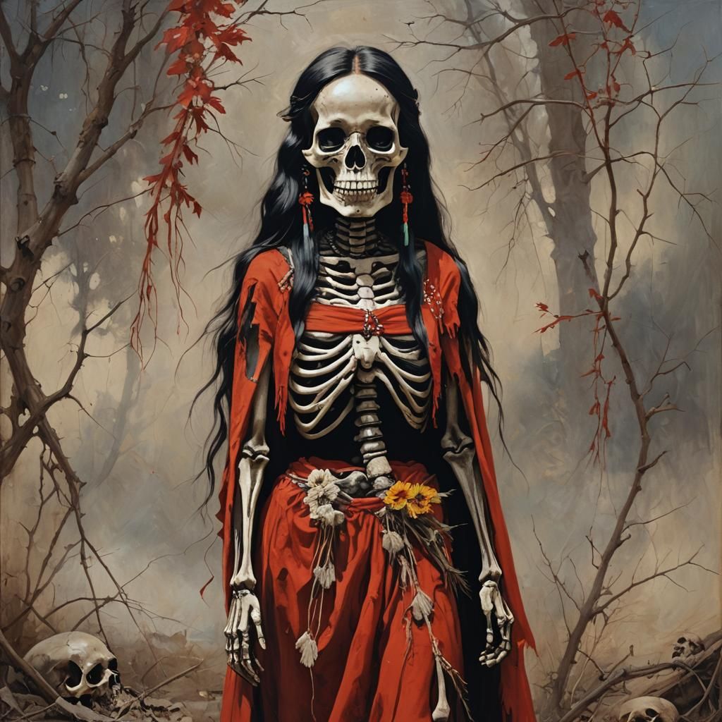 Native Woman Skeleton in Red Dress: Oil Painting