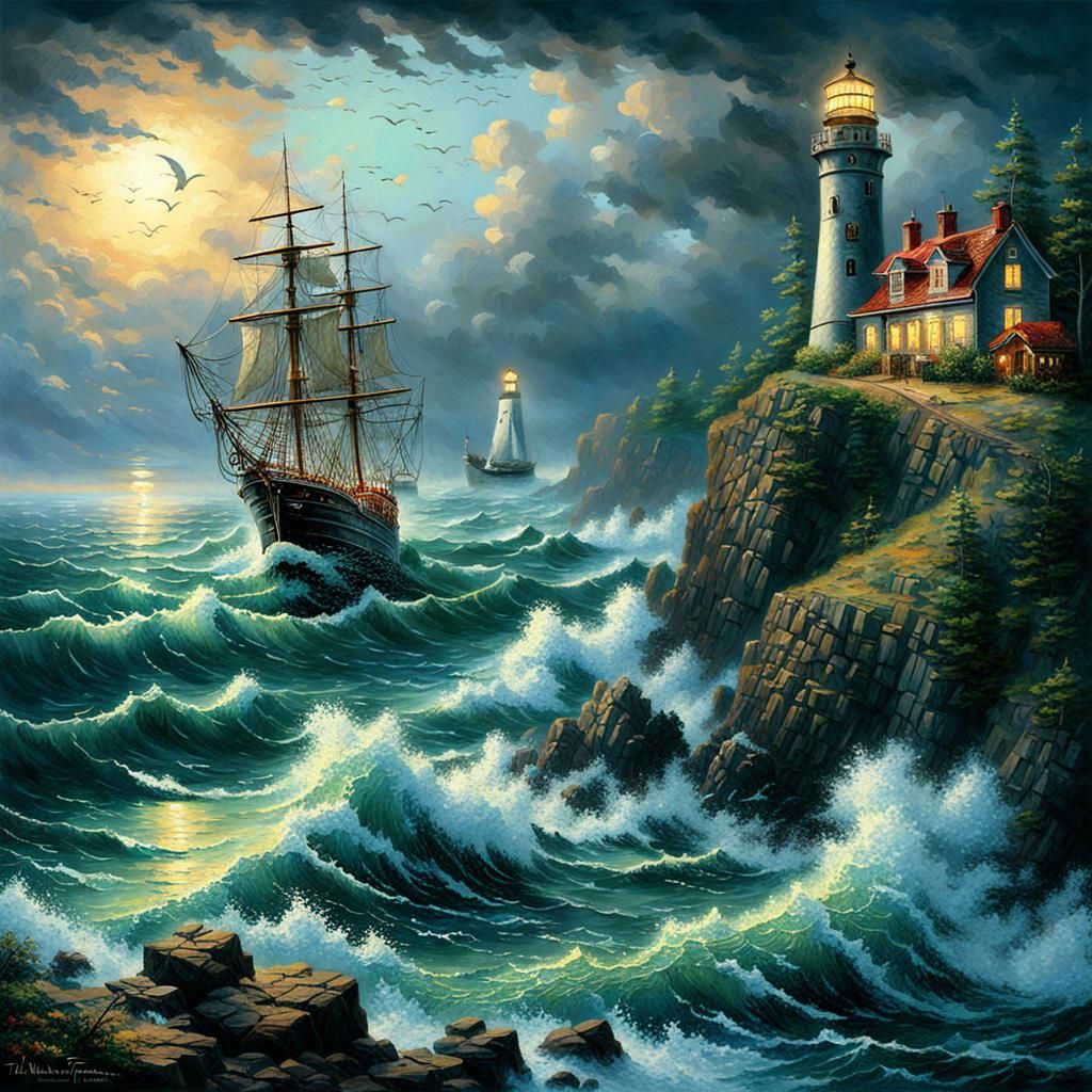 Lighthouse and Ship in Stormy Weather