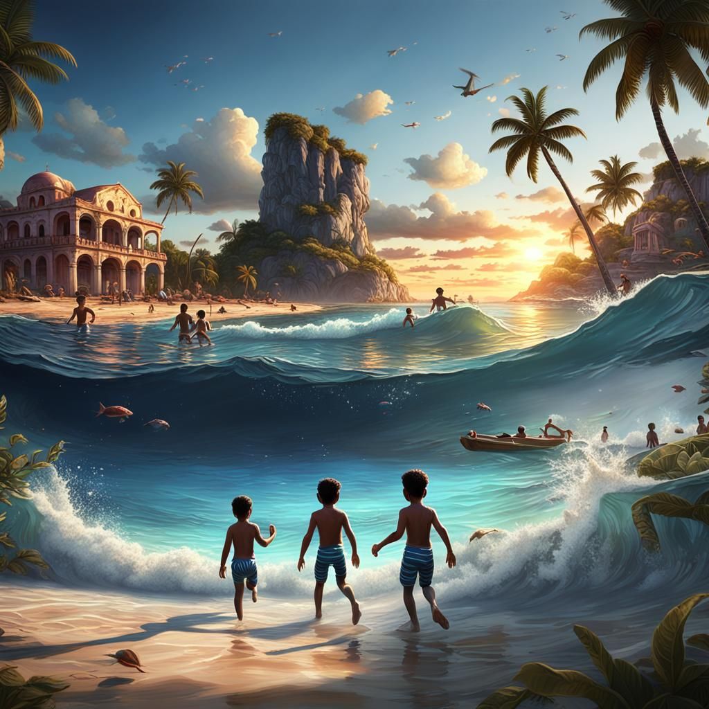 Cuban Beach Sunset: Children's Swim in Digital Art