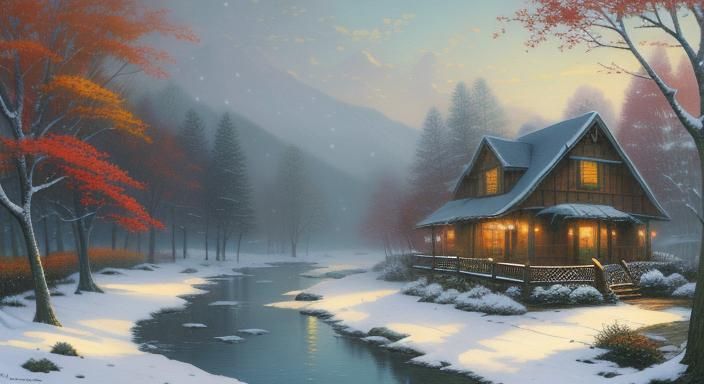 Autumn Bird in Winter Snow, Watercolor Style