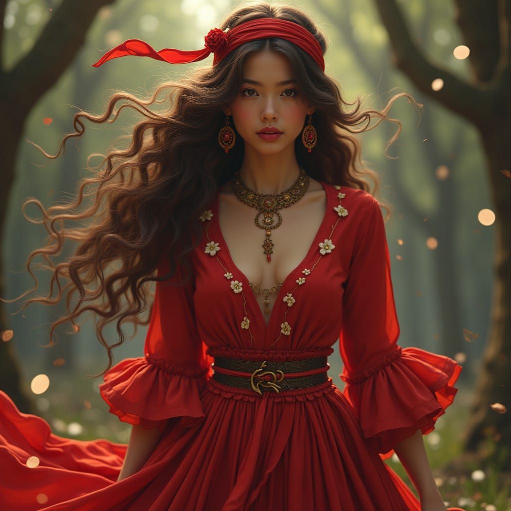 Gypsy Maiden in Vibrant Red Attire with Floral Patterns and...