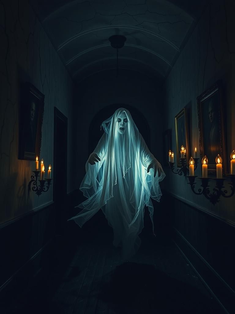 Ethereal Ghost in Haunted Mansion Corridor