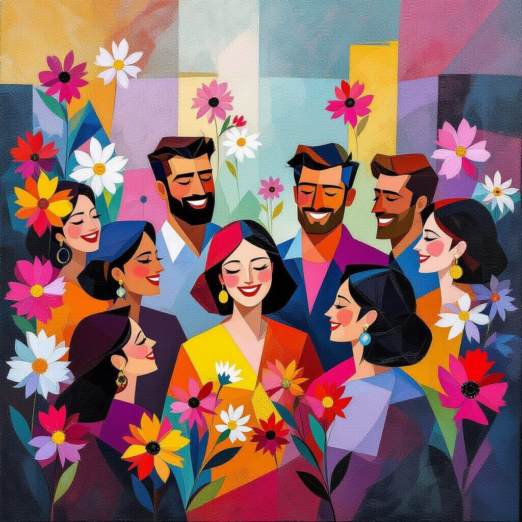 Abstract Cubist World of Flowers and Joyful People