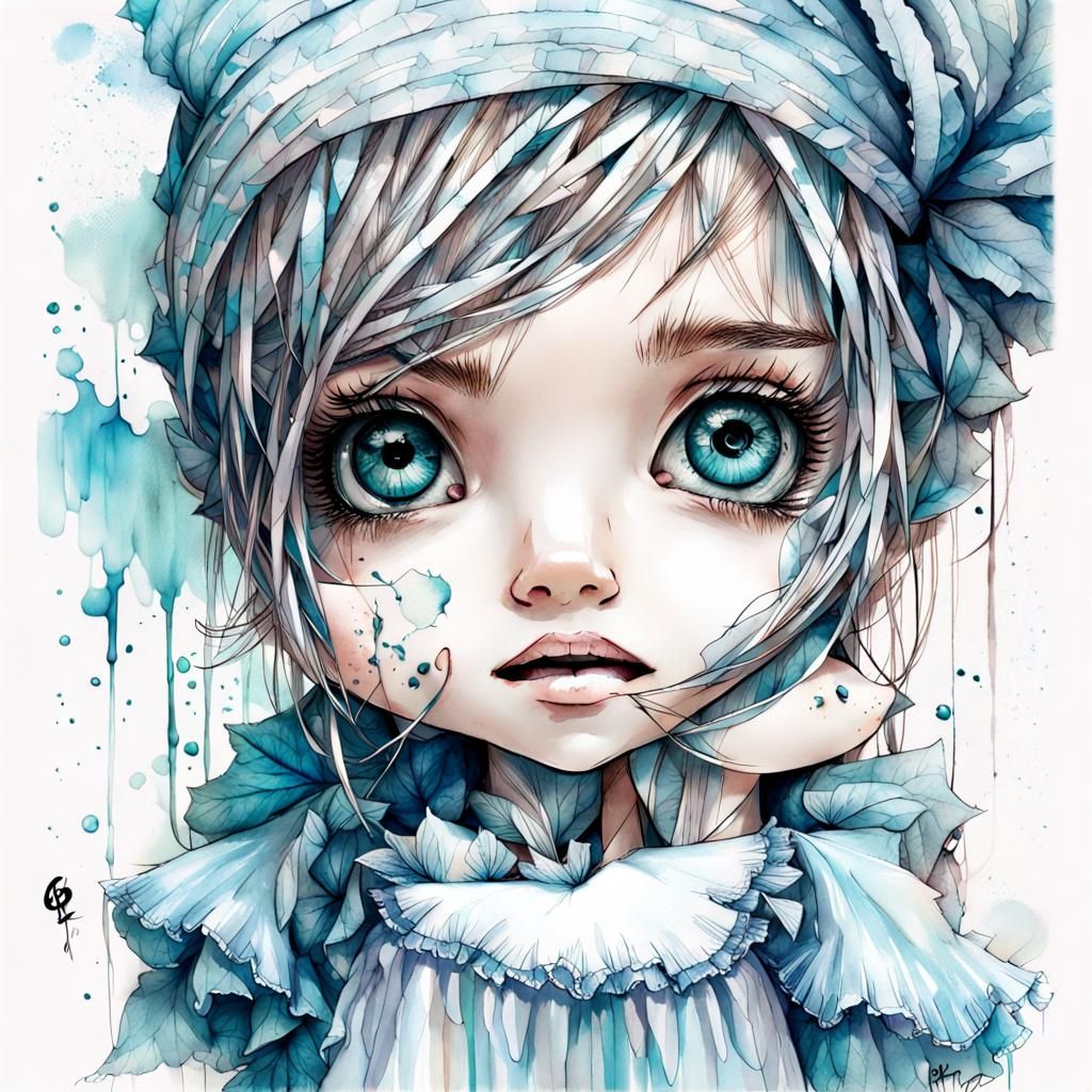Babydoll with big oversized eyes happy smiling face chibi in a beautiful baby doll blue dress manga anime ink and pen d...
