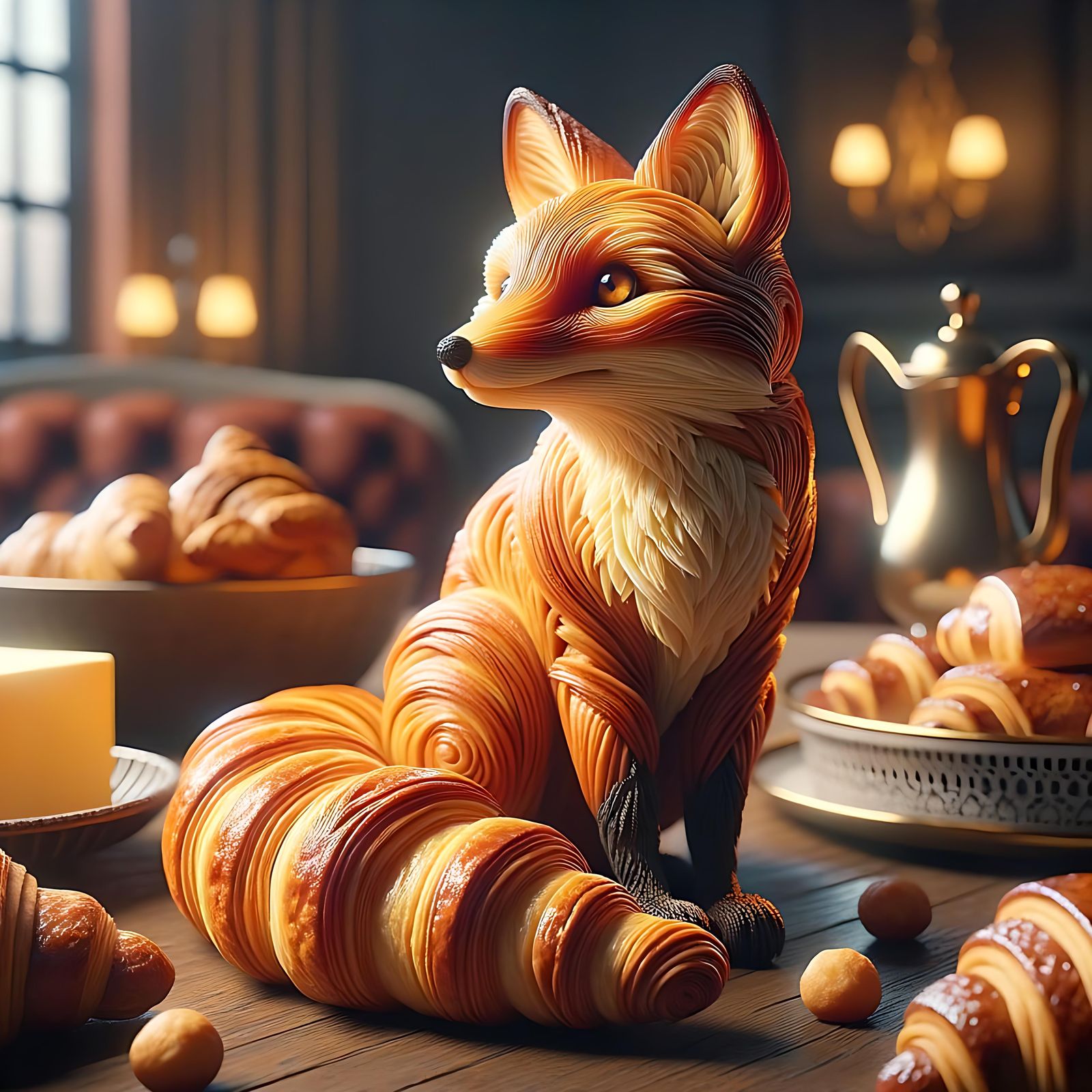 Photorealistic Croissant Fox in Morning Coffee Setting