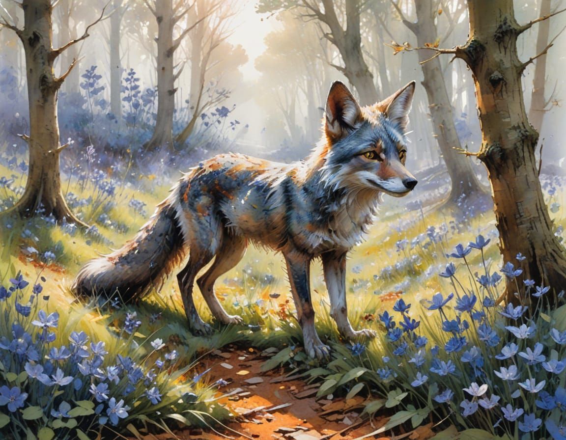 Silver Fox in Oak Grove: Watercolour Digital Art