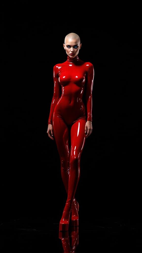 Futuristic Woman in Red Vinyl Outfit