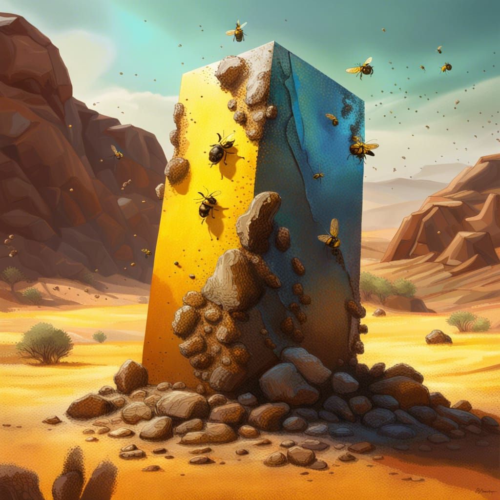 Hyperrealistic Desert Monolith with Cow and Insects