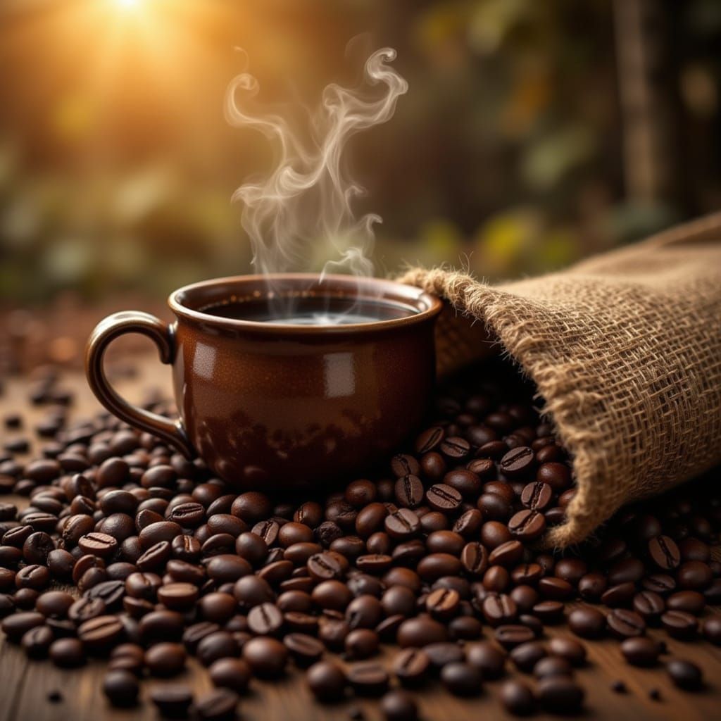 Photorealistic Coffee Beans and Steaming Mug in Golden Light