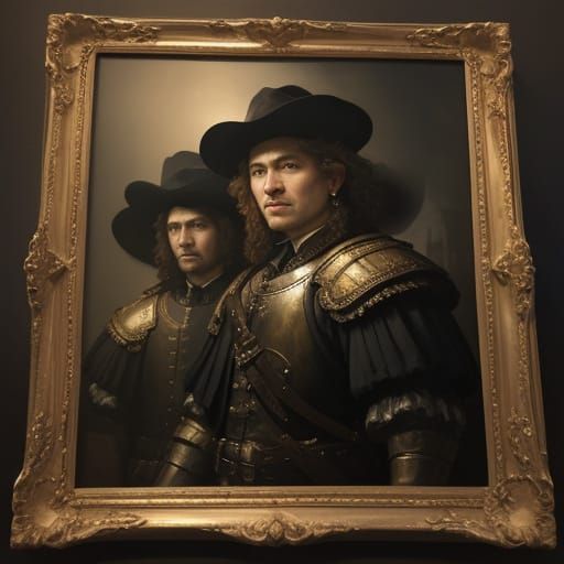 Rembrandt's Night Watch in Modern City, Baroque Style