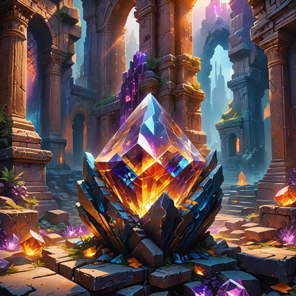 Glowing Magic Crystal Amidst Ancient Ruins