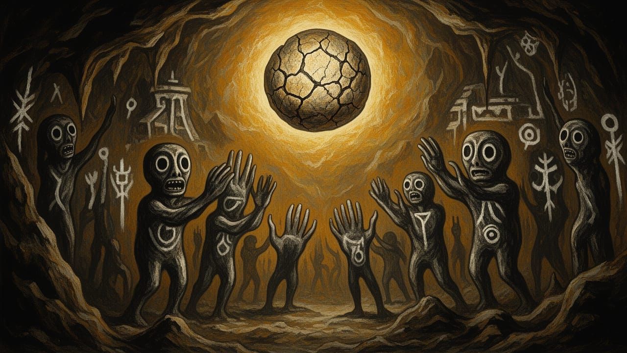 Ancient Cave Art Depicting Ritual Worship in Brutalist Style