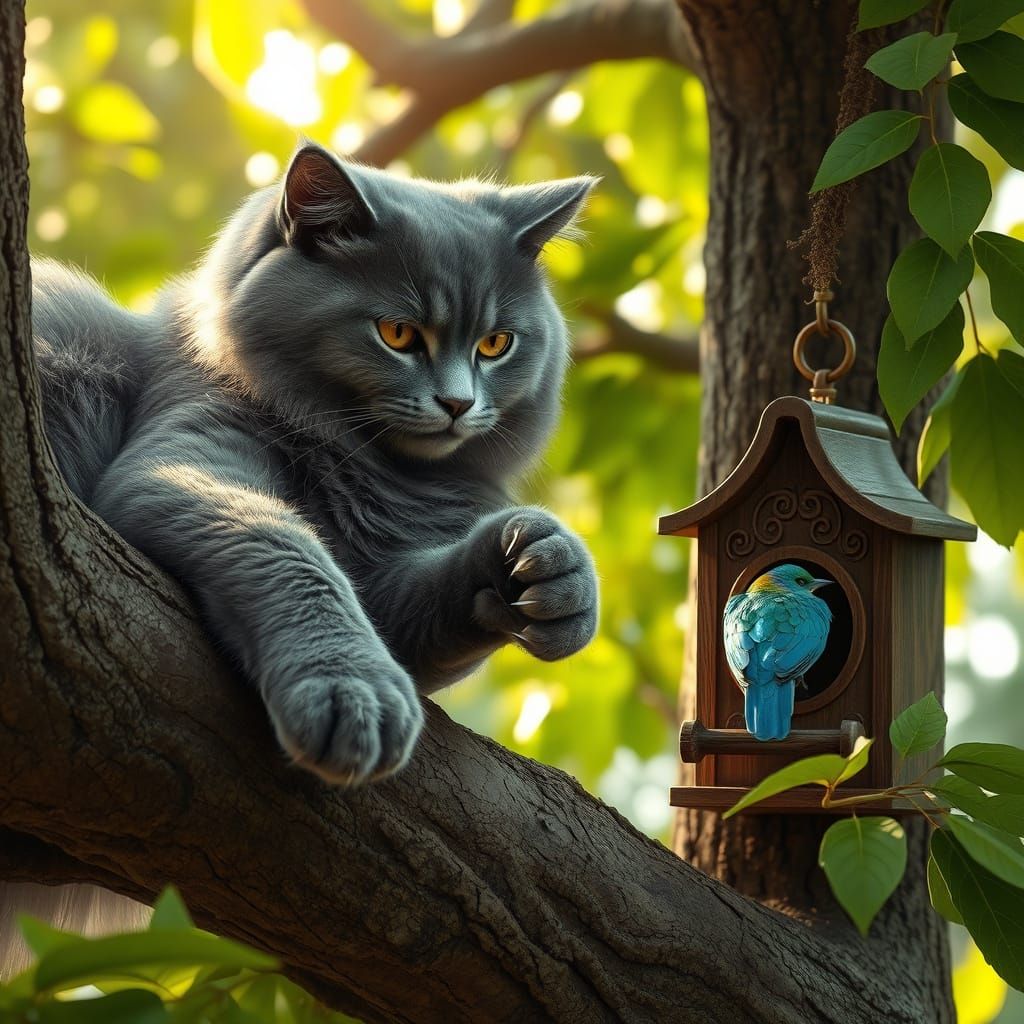 Gentle Gray British Cat Reaches for Vibrant Bird on a Gnarle...