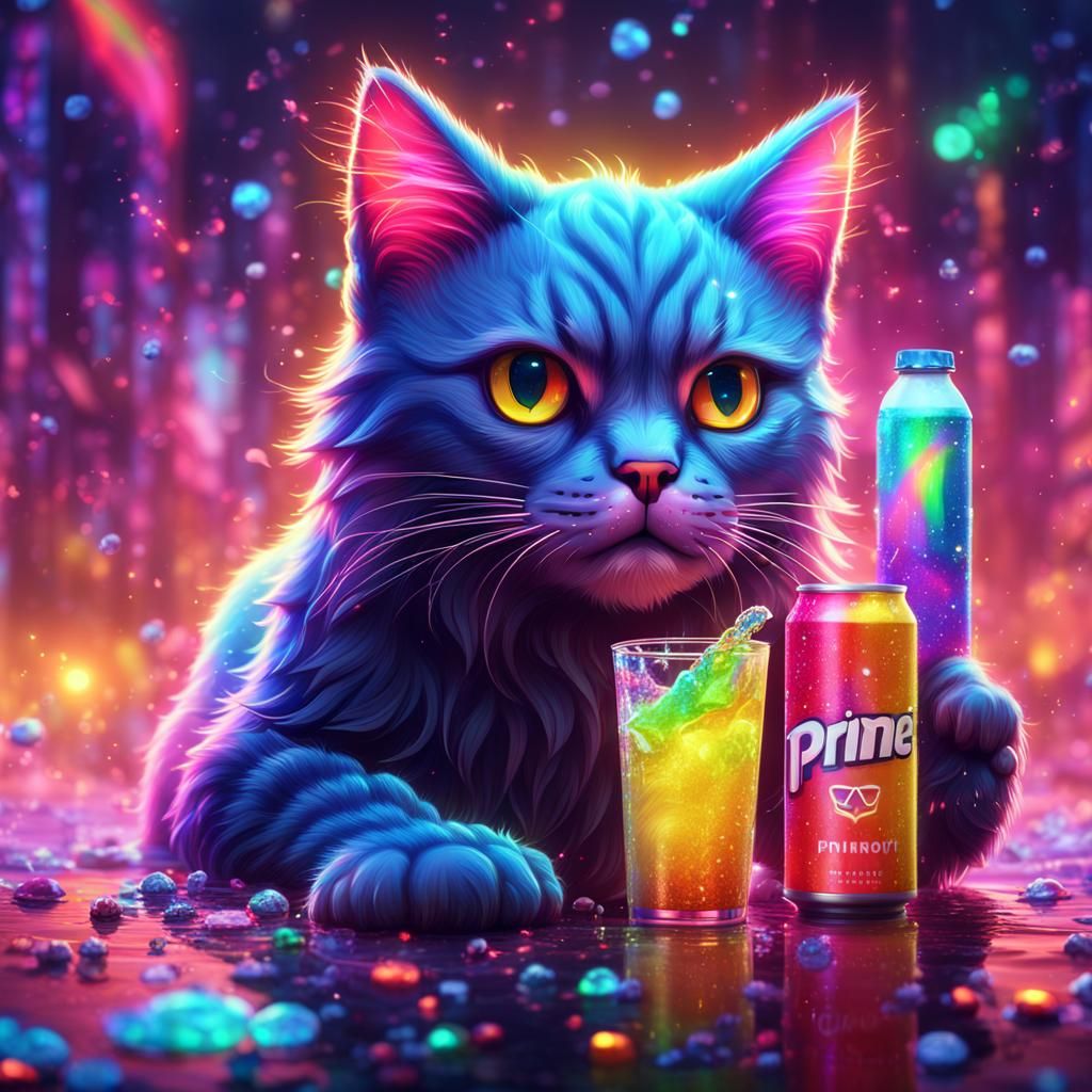 Neon Cat Sipping Prime: Digital Art