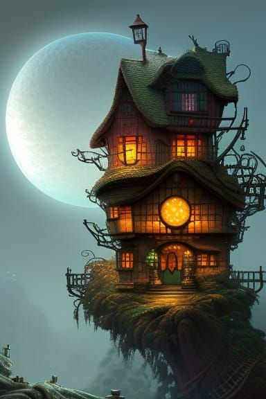 Detailed Bonsai Village at Night: Digital Art