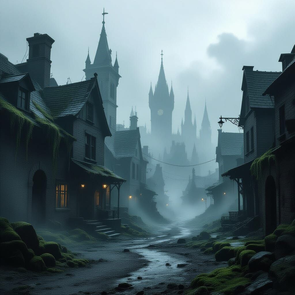 Abandoned City Lost in Fog, Dark Fantasy Art