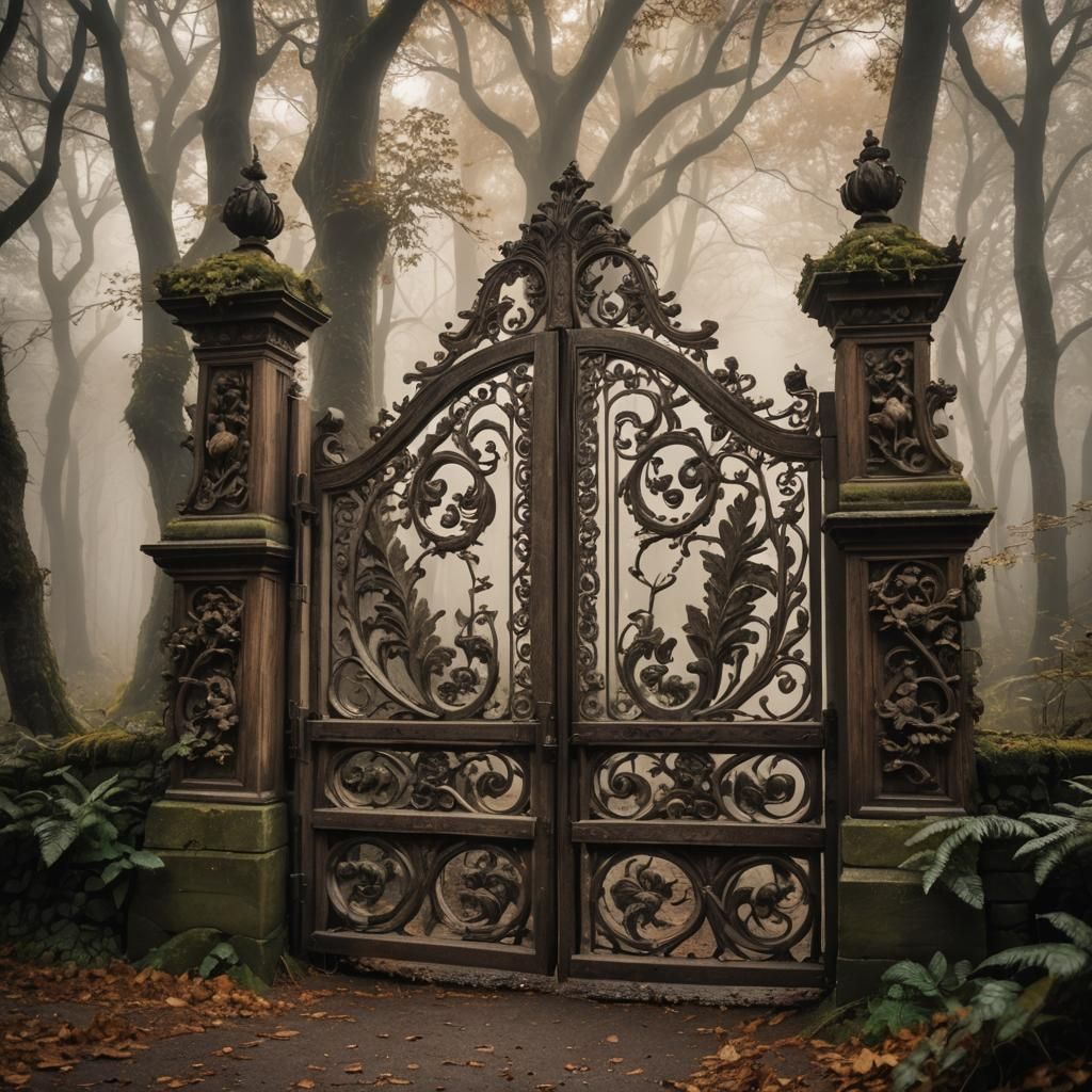 Baroque Wooden Gate in Misty Forest