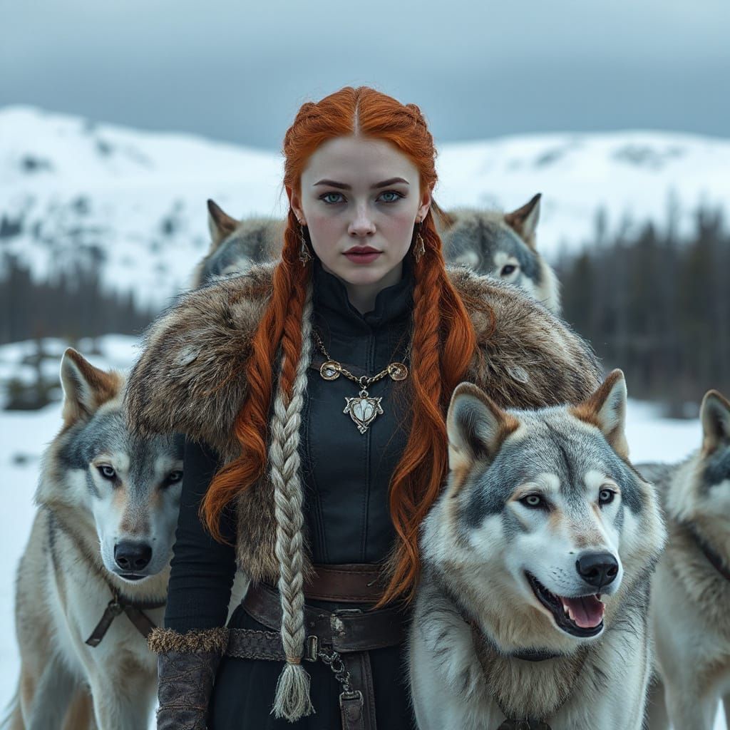 Redheaded Huntress Surrounded by Dire Wolves in Winter Wonde...