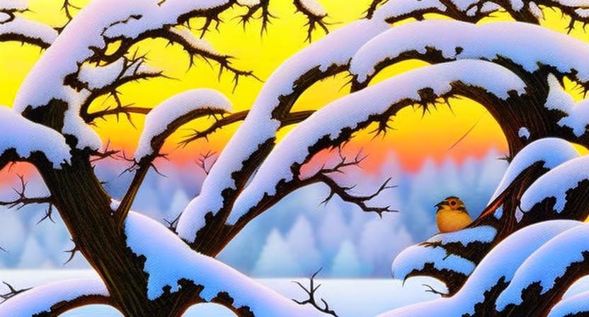 Colorful Bird in Snowy Tree at Sunrise