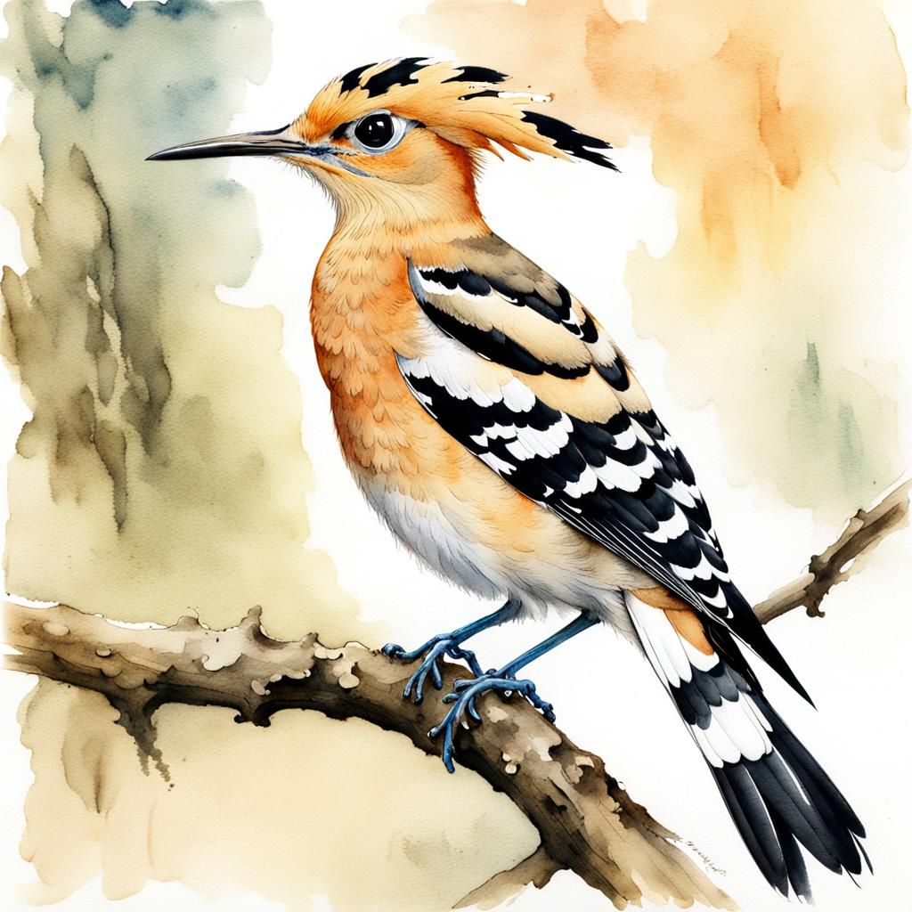 Hoopoe Bird on Twig in Watercolour Illustration