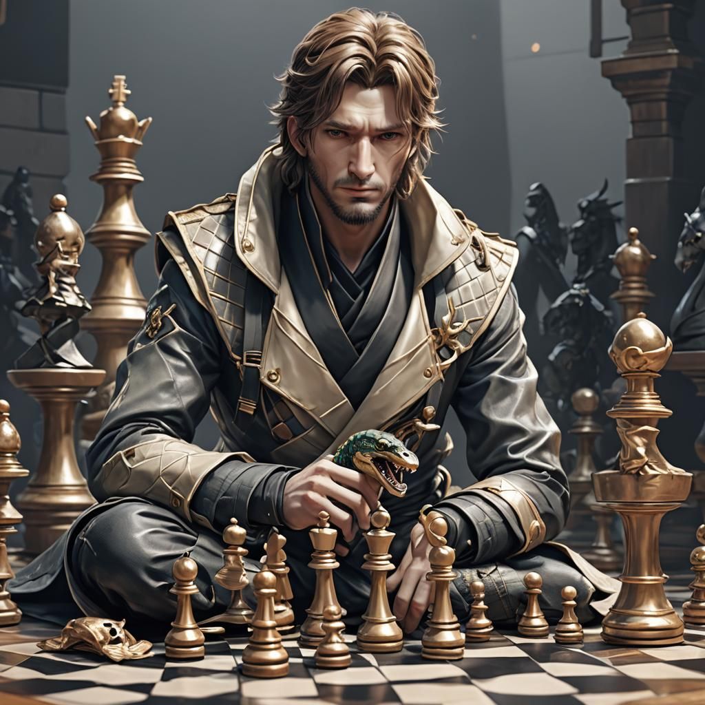 Snake Coiled Around Chess Piece in 3D Anime Art