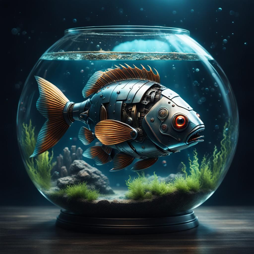 Cyborg Robotic Fish in Fishbowl: Digital Matte Painting