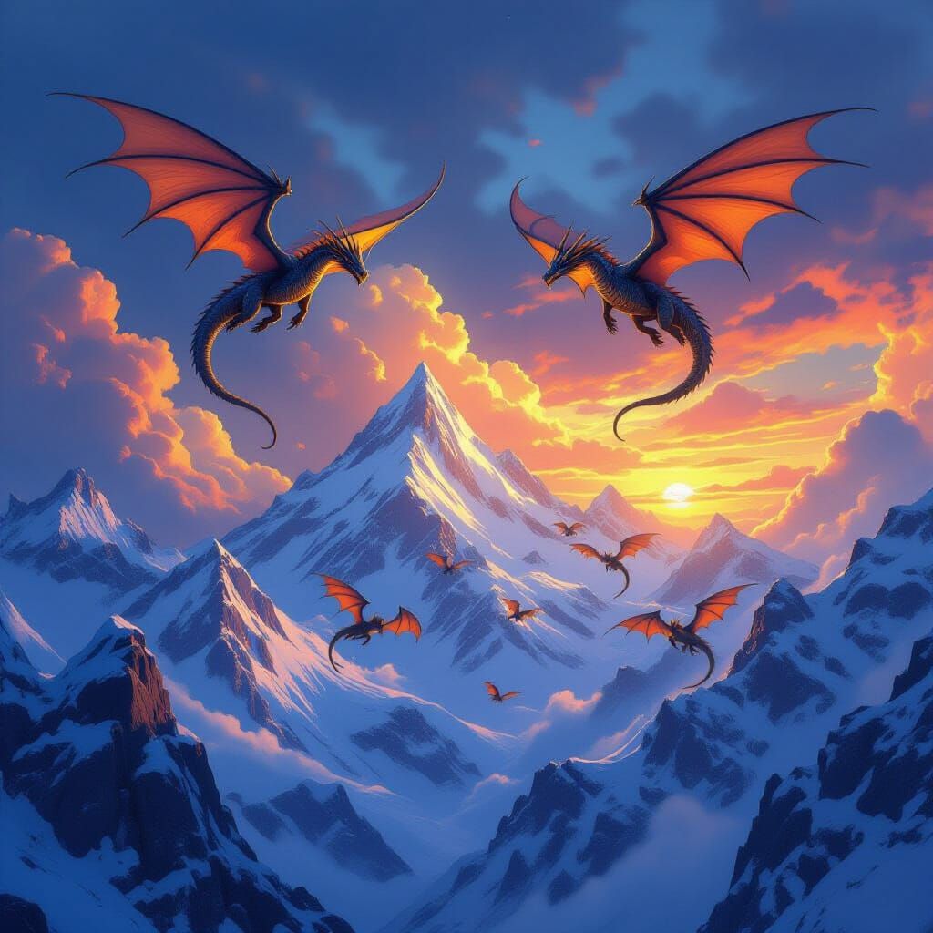 Epic Fantasy Dragons Soaring Over Snow-Capped Mountains at S...