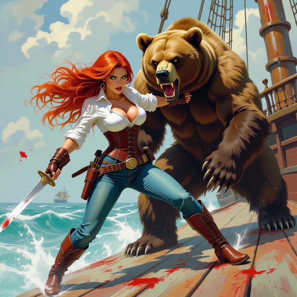Red-Haired Warrior Attacks Bear on Sunken Ship