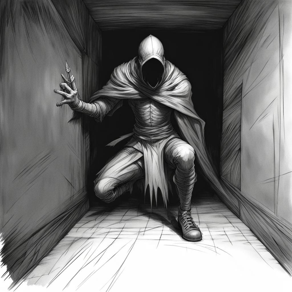 Tormented Man in Dark Corner: Pencil Sketch