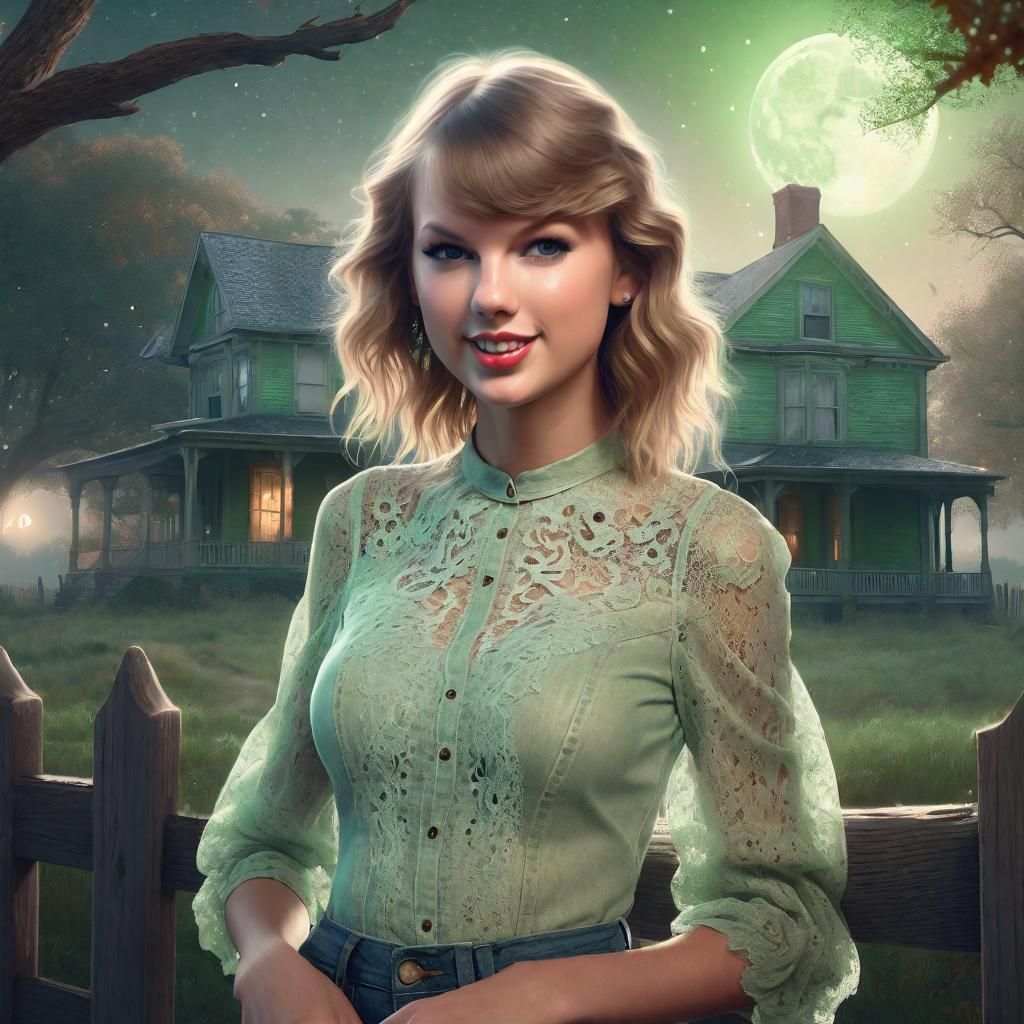 smiling Taylor Swift, Light green open lace blouse, Jeans, oak, Fall, Old House, old fence, bushes, Moonlight, Stars, et...