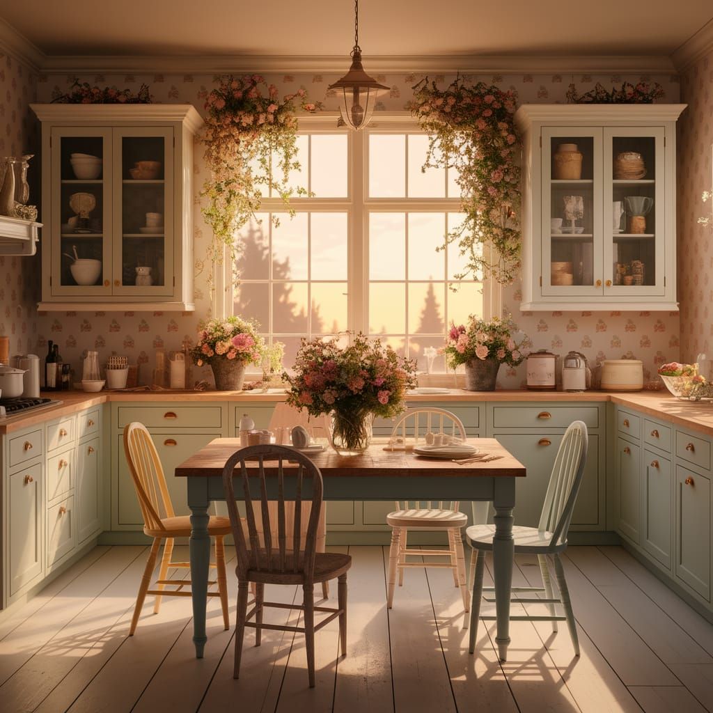Whimsical Dusk Kitchen with Blooming Flowers