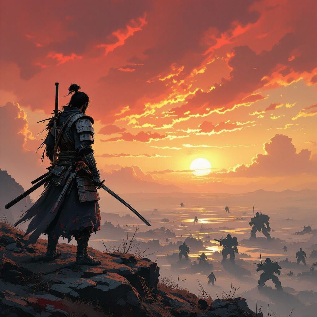 Samurai on Battlefield Overlook in Heroic Fantasy Style