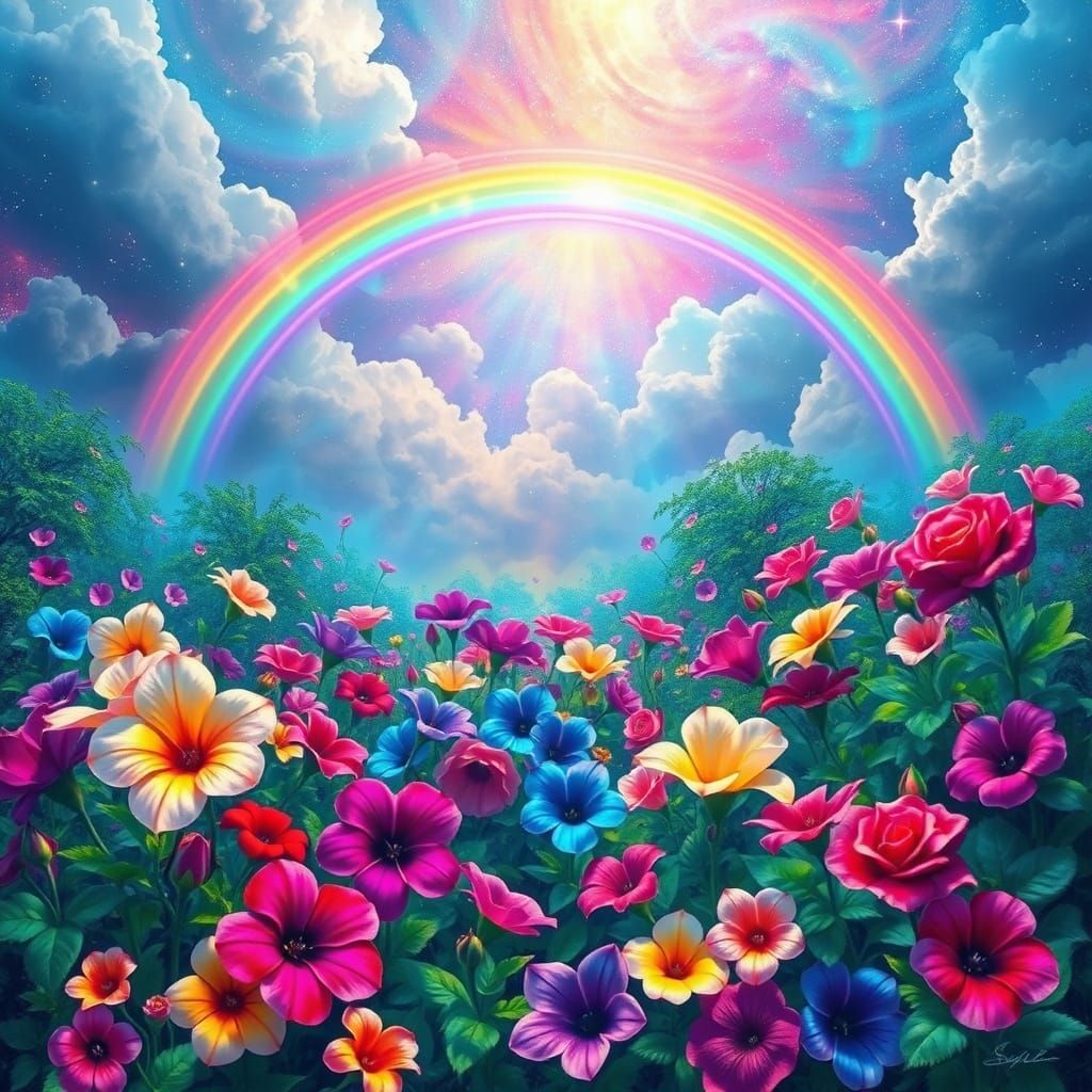 Vibrant Garden Blooms with Rainbow and Cosmic Energy