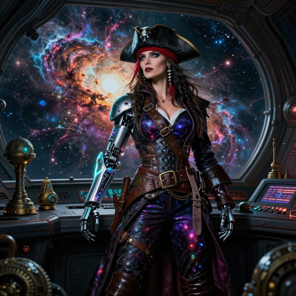 Space Pirate Queen on Starship Bridge Overlooking Nebula Exp...