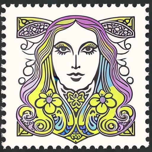 Psychedelic Hippie Postage Stamp in Art Nouveau Style