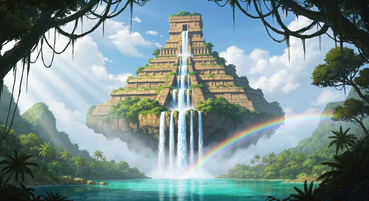 Floating Pyramid Waterfall in Lush Jungle