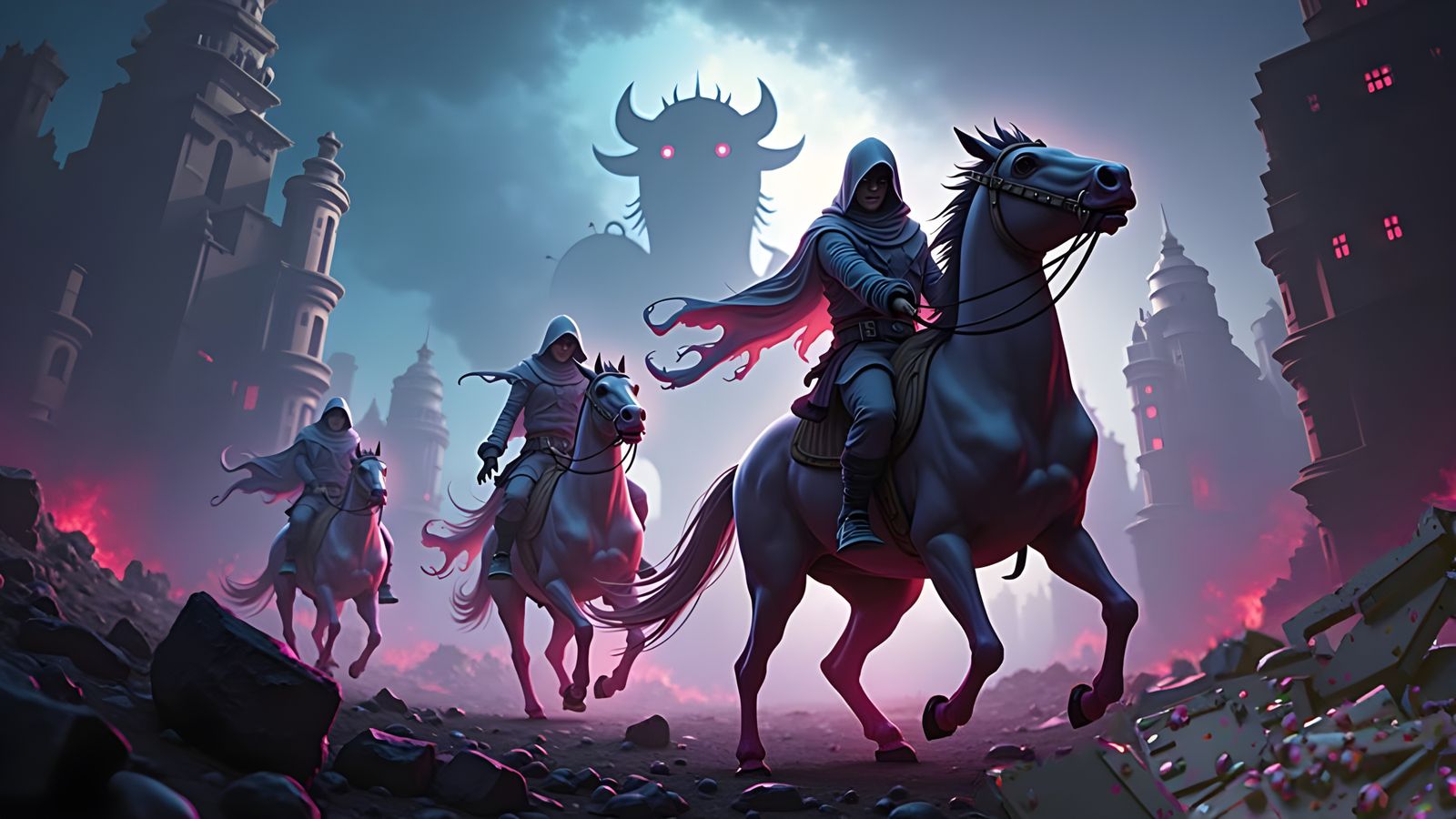 Ethereal Raiders Charge Through a Ruined Cityscape in Neon-L...