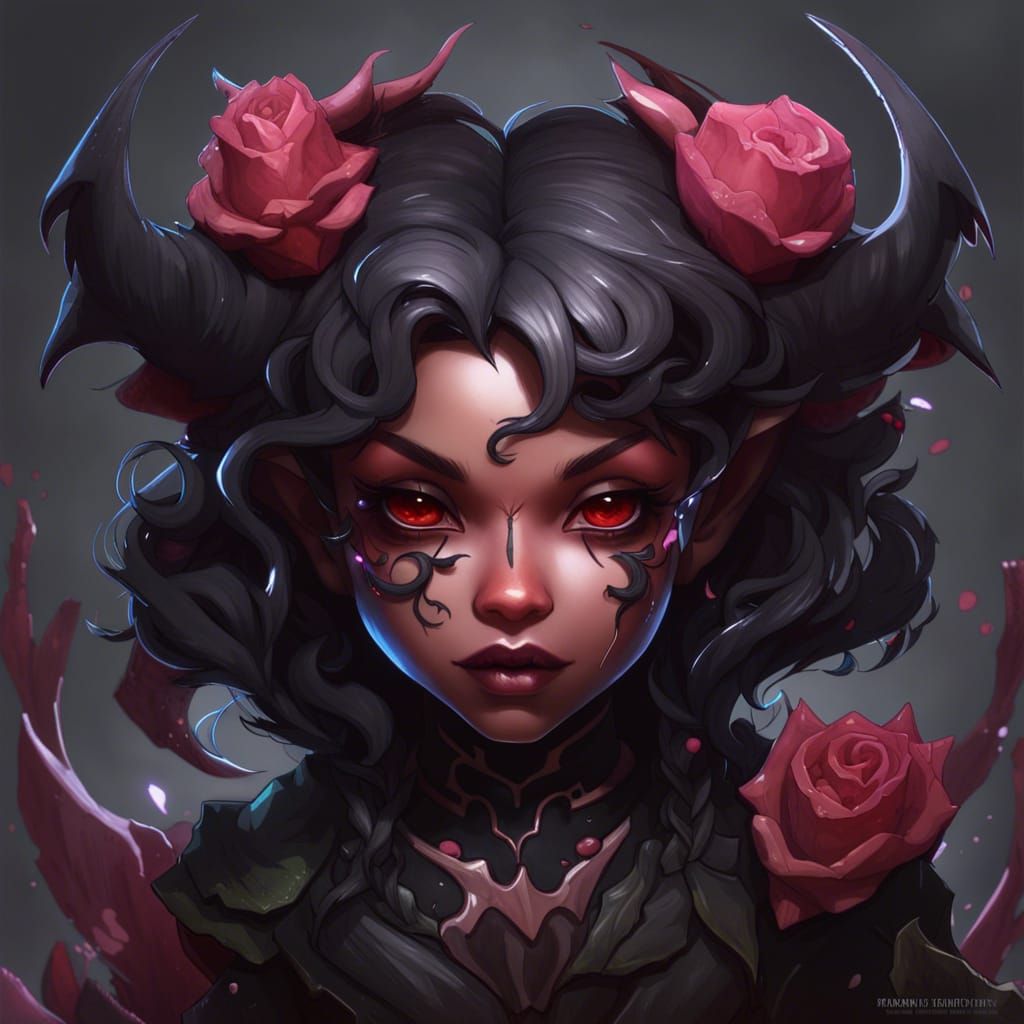 Chibi Black Rose Demon Portrait in Hyperdetailed Style