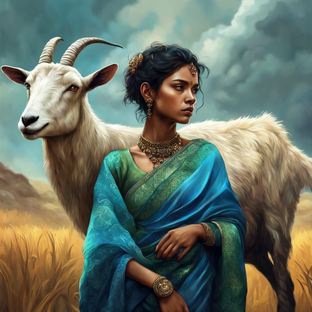 Goat-Headed Woman in Blue Saree: Hyperrealistic Portrait
