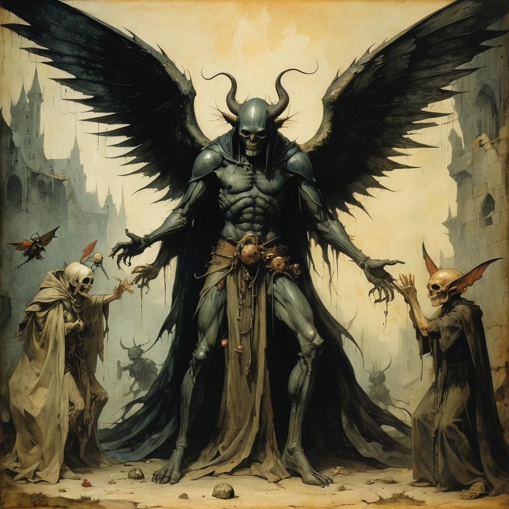 Grimdark Warlock Torments Fairy in Bosch Style Dungeon