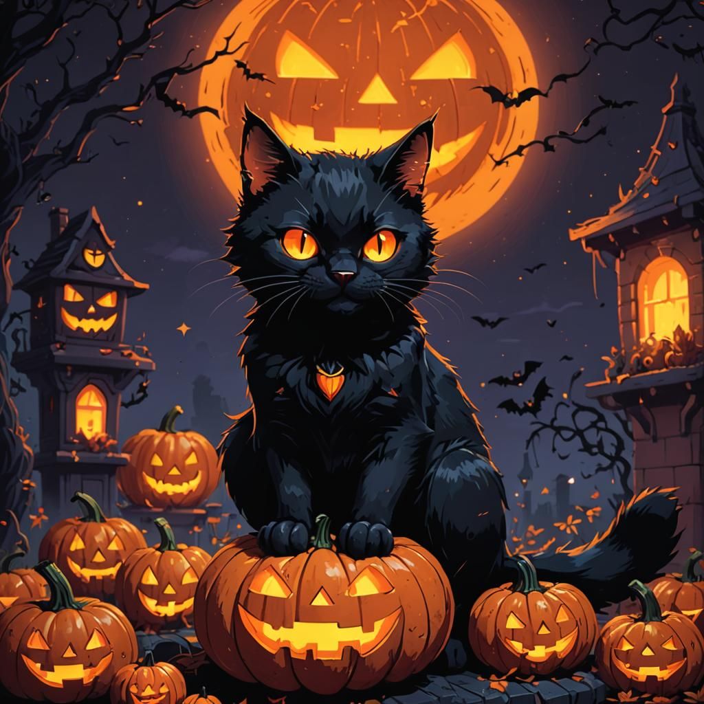 Black Cat on Jack-o'-Lantern in Pixel Art Style